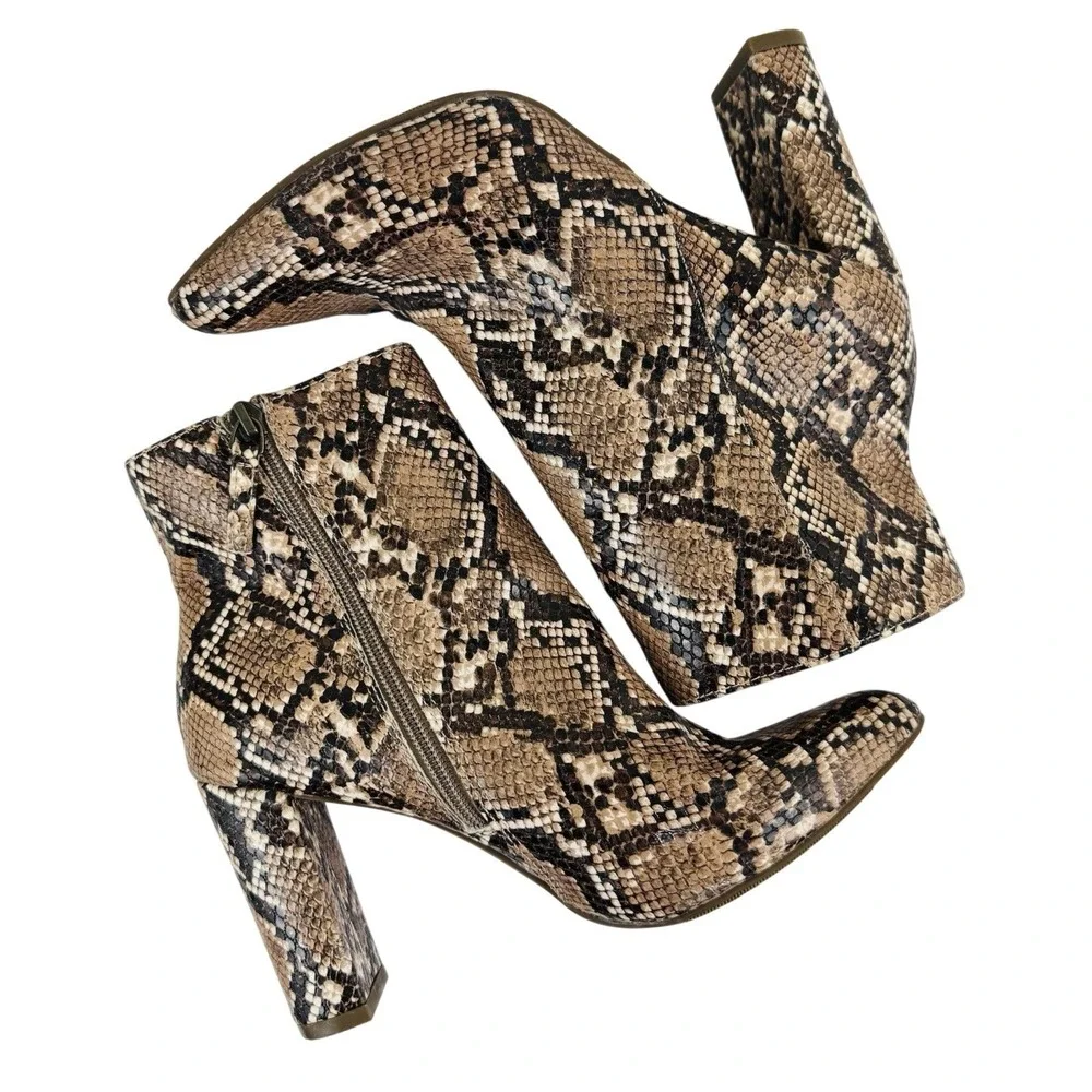 Womens Snakeskin Print Pointed‎ Toe Block Heel Ankle Boots Brown 9